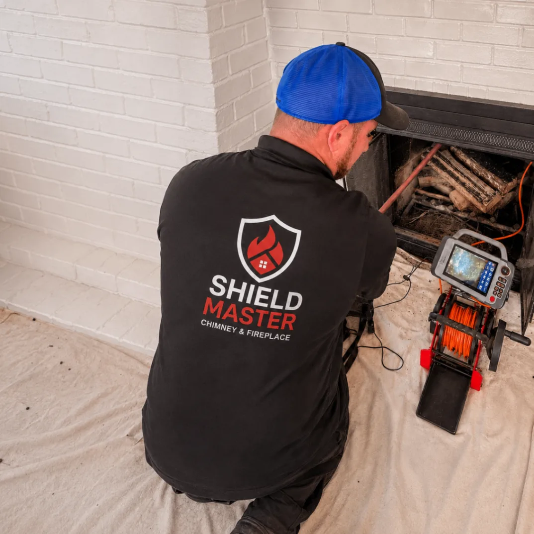 Shield Master technician inspecting a fireplace with a chimney camera