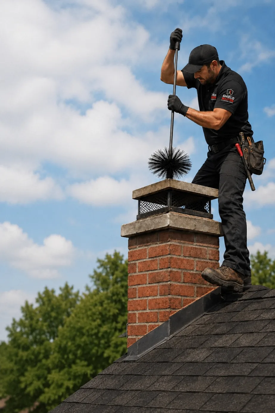 Technician sweeping a capped chimney on a Dallas–Fort Worth roof