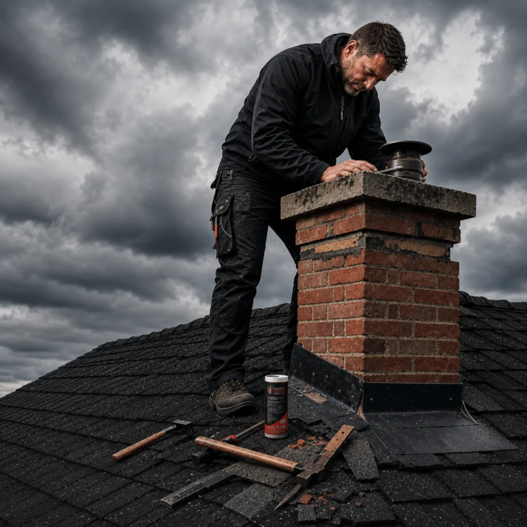 Shield Master technician inspecting exterior chimney masonry