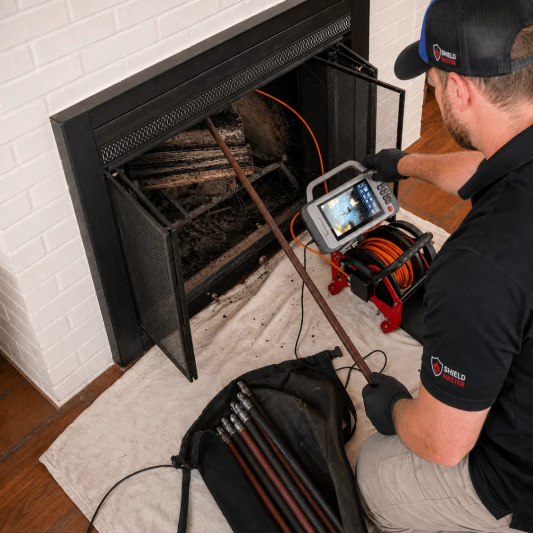 Chimney camera and inspection rods prepared inside a DFW home