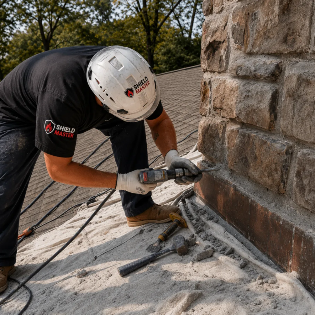 Close-up of damaged stone masonry being carefully removed