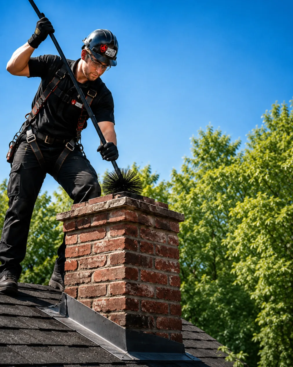 Safety-equipped technician sweeping a tall chimney