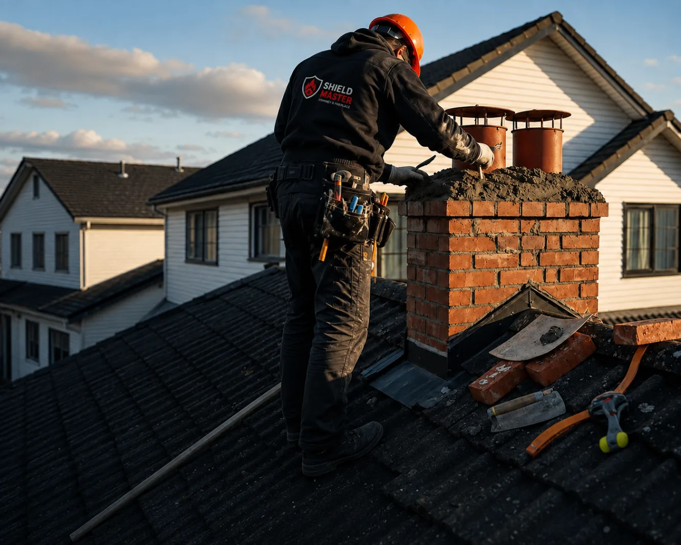 Technician restoring mortar around a chimney flue