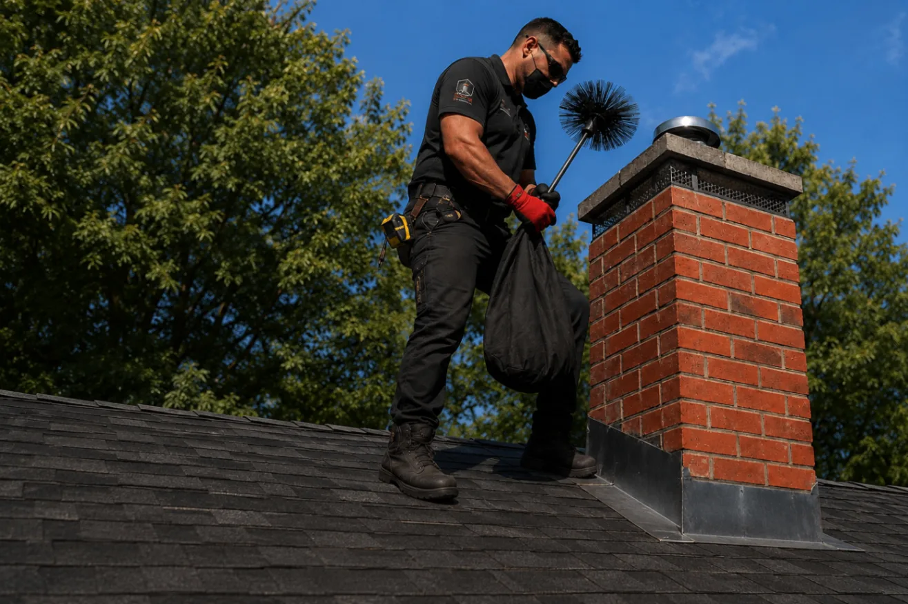 Chimney technician holding a sweep brush and contained debris bag