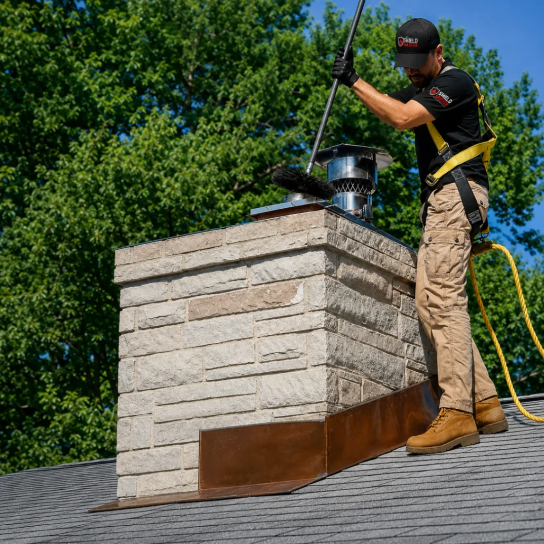 Technician using professional chimney sweeping tools on a roof