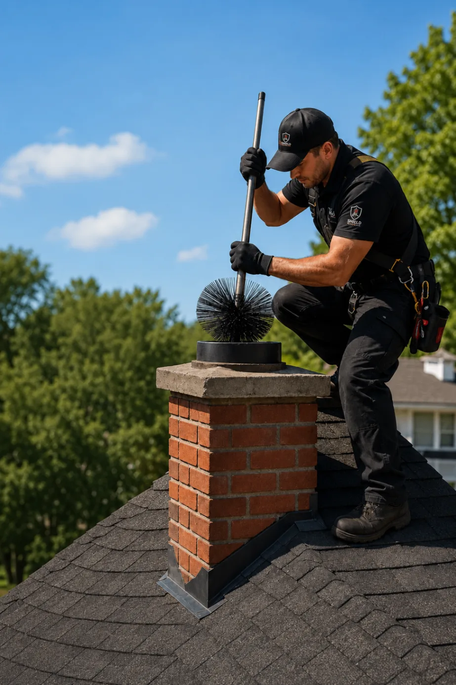 Technician sweeping a red brick chimney with rotary rods