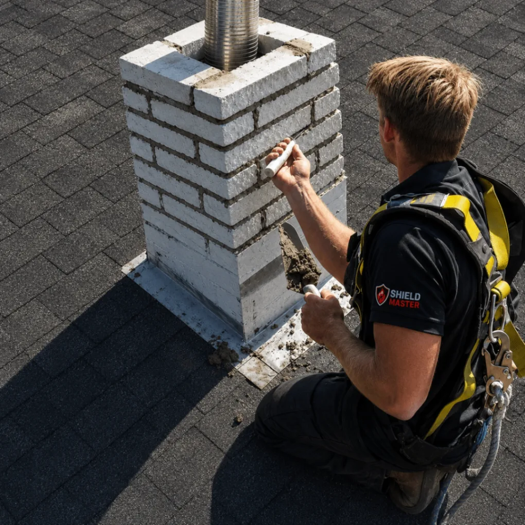 Technician repointing a white brick chimney around a metal liner