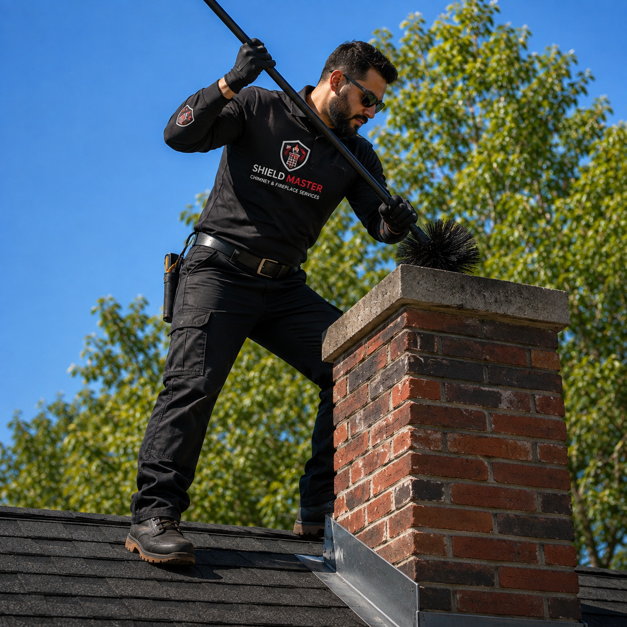 Shield Master technician sweeping a chimney on a Dallas–Fort Worth rooftop