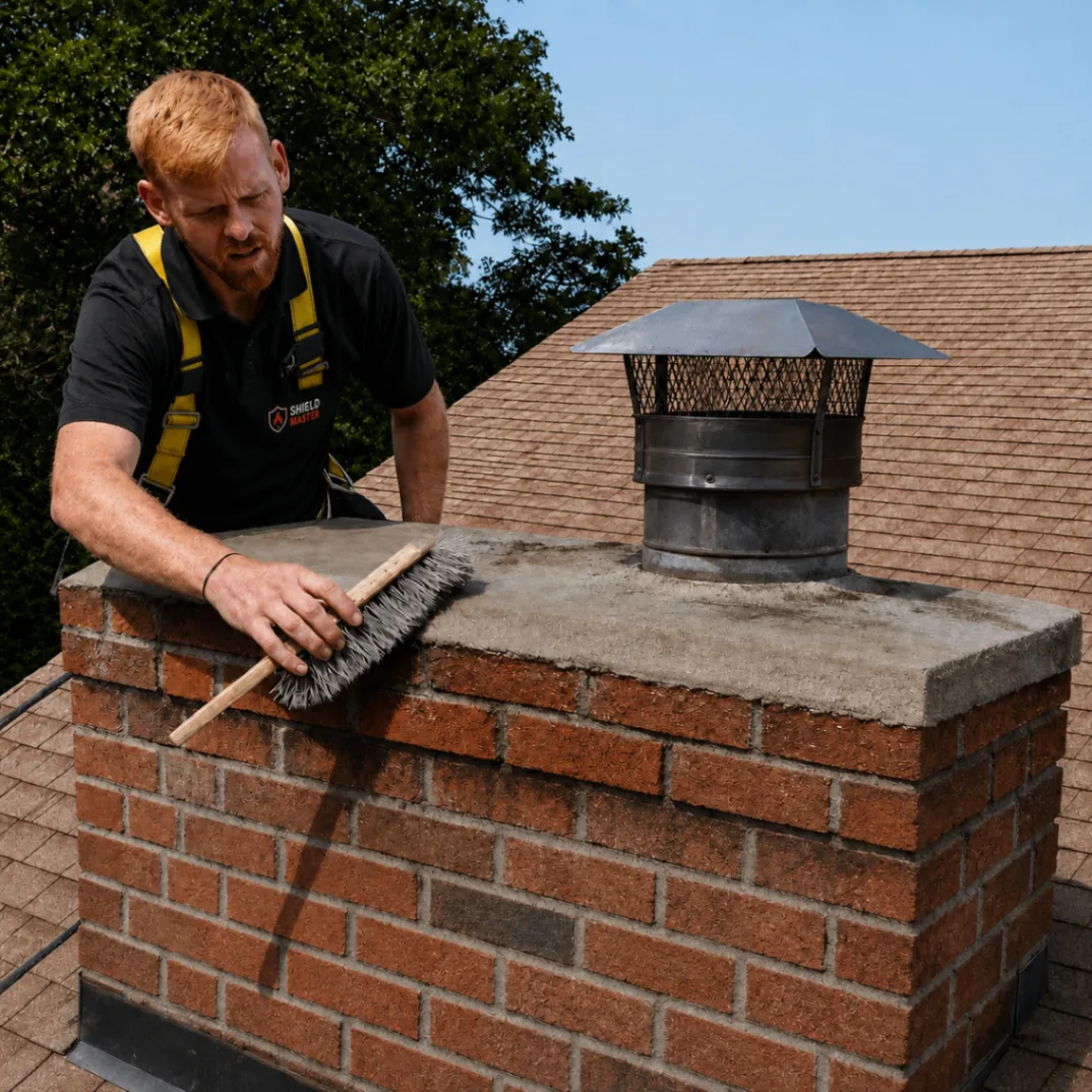 Technician cleaning a brick crown before chimney restoration