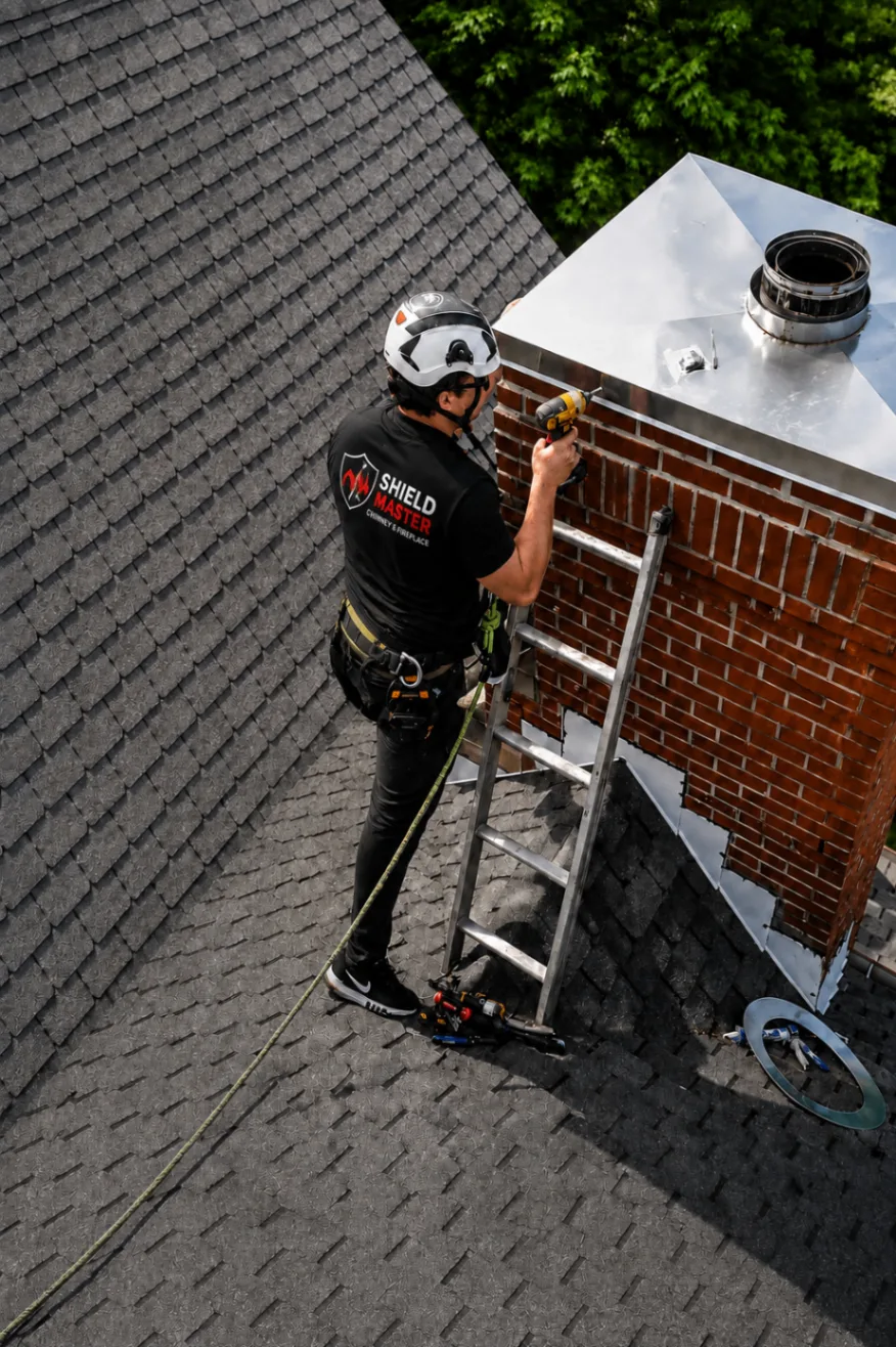 Safety-equipped technician preparing a chimney crown repair