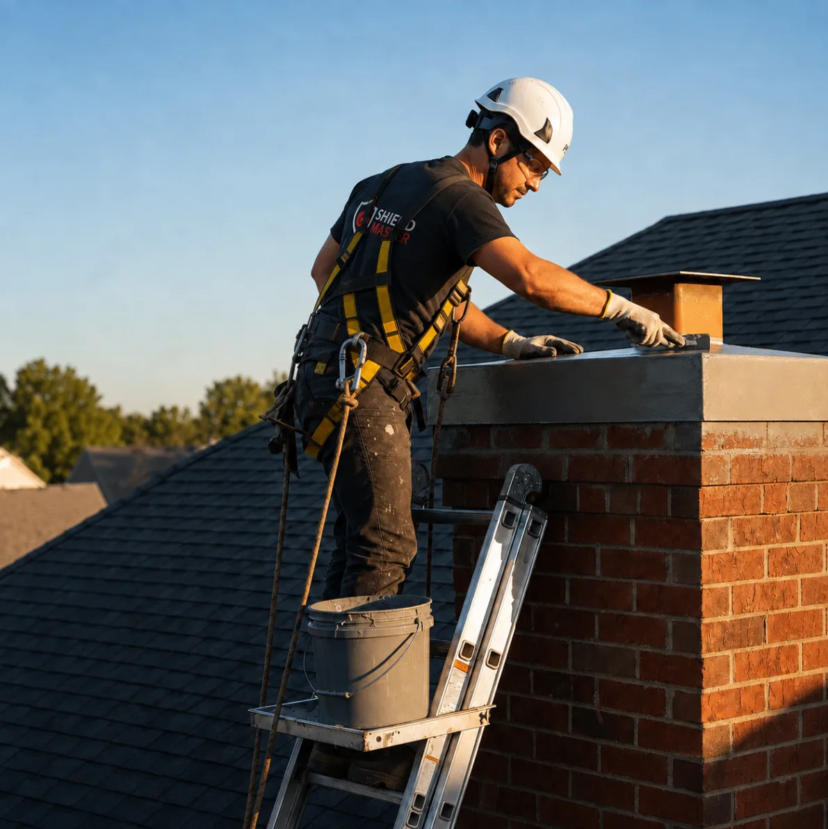 Technician applying protective sealant to a chimney crown