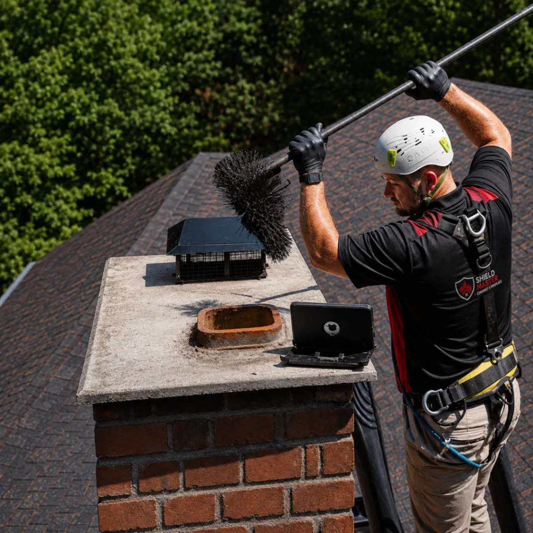 Harnessed chimney technician sweeping a brick flue from the roof