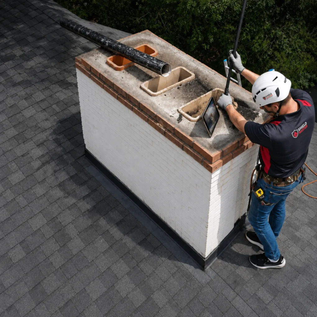 Roof-level camera inspection of a multi-flue chimney
